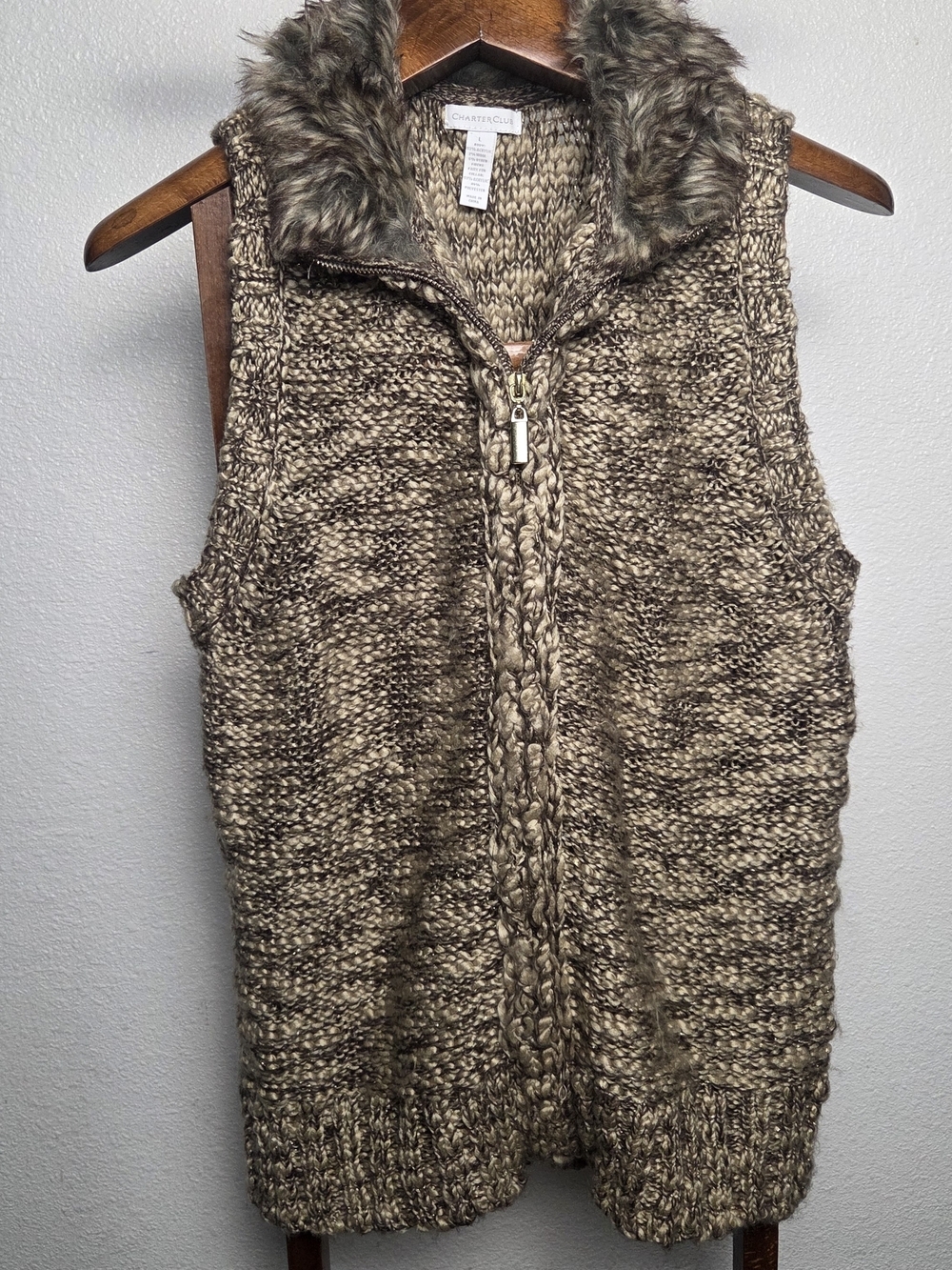 Charter Club Faux Fur Collar Knit Vest in Beige and Brown